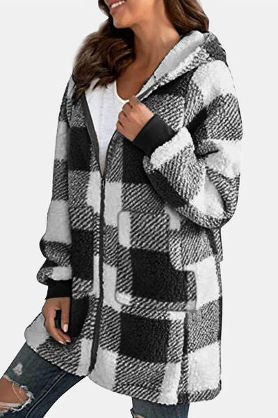 Blue Zone Planet | Double Take Full Size Plaid Long Sleeve Hooded Coat BLUE ZONE PLANET