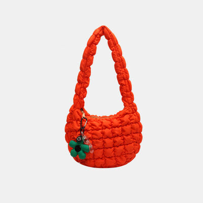 Quilted Shoulder Bag with Flower Pendant-HANDBAGS-[Adult]-[Female]-Red Orange-One Size-2022 Online Blue Zone Planet