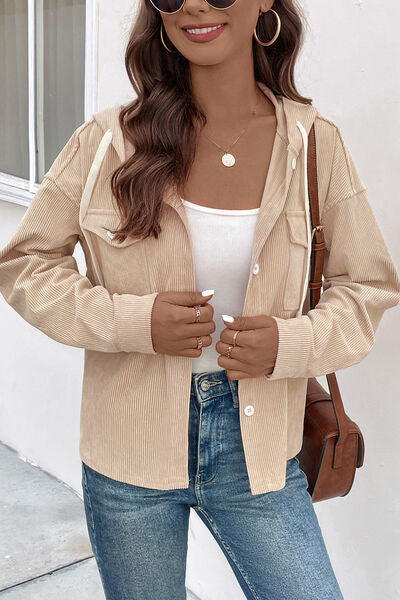 Ribbed Button Up Drawstring Hooded Jacket BLUE ZONE PLANET