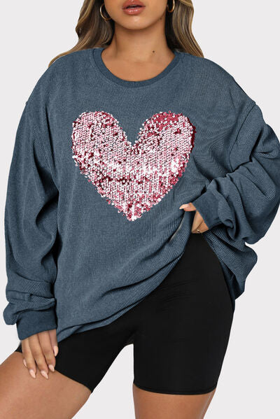 Blue Zone Planet | Plus Size Heart Sequin Round Neck Sweatshirt BLUE ZONE PLANET