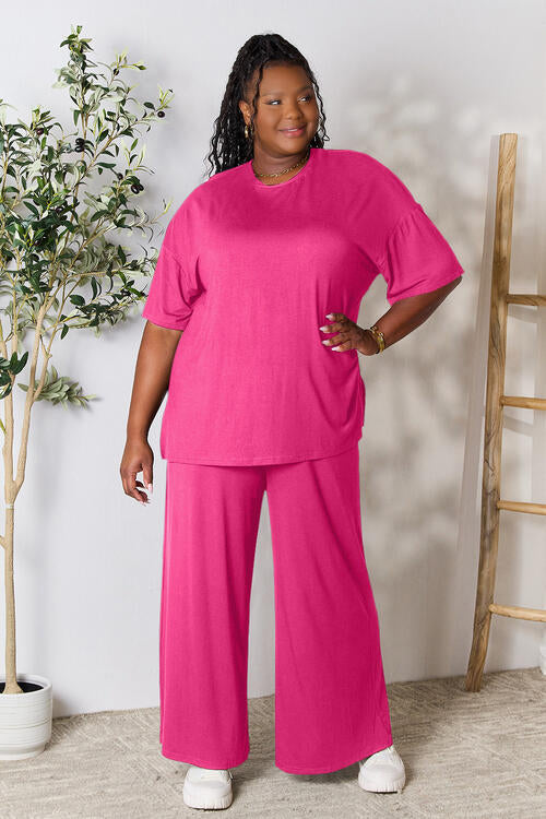 Double Take Full Size Round Neck Slit Top and Pants Set BLUE ZONE PLANET