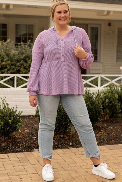 Plus Size Waffle Knit Drawstring Half Button Hooded Knit Top BLUE ZONE PLANET