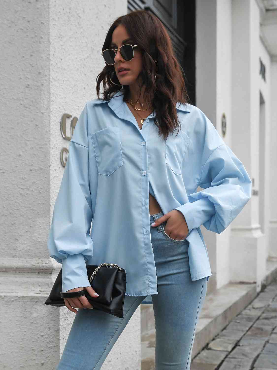 Collared Neck Dropped Shoulder Buttoned Shirt BLUE ZONE PLANET
