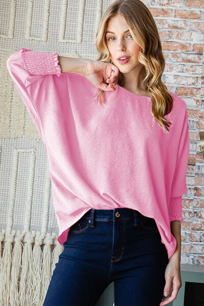 Reborn J Texture Round Neck Smocked Half Sleeve Top BLUE ZONE PLANET