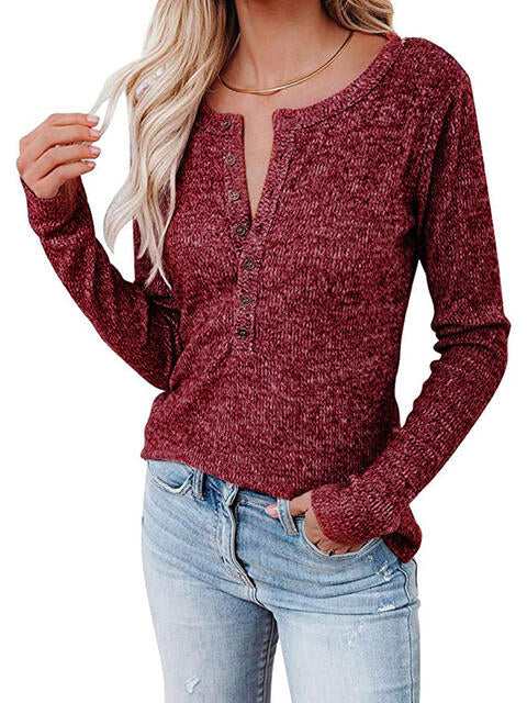 Round Neck Buttoned Long Sleeve T-Shirt BLUE ZONE PLANET