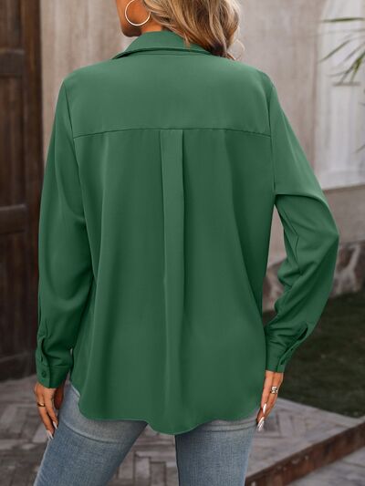 Pocketed Button Up Long Sleeve Shirt Trendsi
