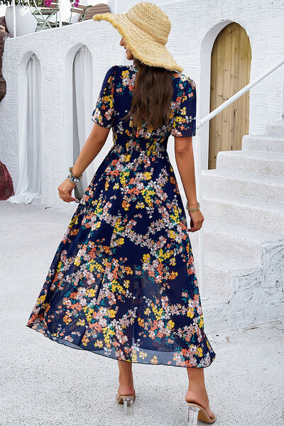 Blue Zone Planet | Smocked Floral V-Neck Short Sleeve Dress BLUE ZONE PLANET