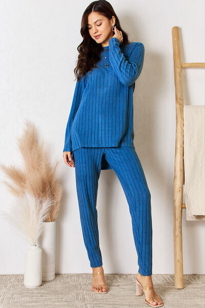 Blue Zone Planet | Basic Bae Full Size Ribbed Round Neck High-Low Slit Top and Pants Set BLUE ZONE PLANET