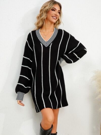 Striped V-Neck Long Sleeve Mini Dress BLUE ZONE PLANET