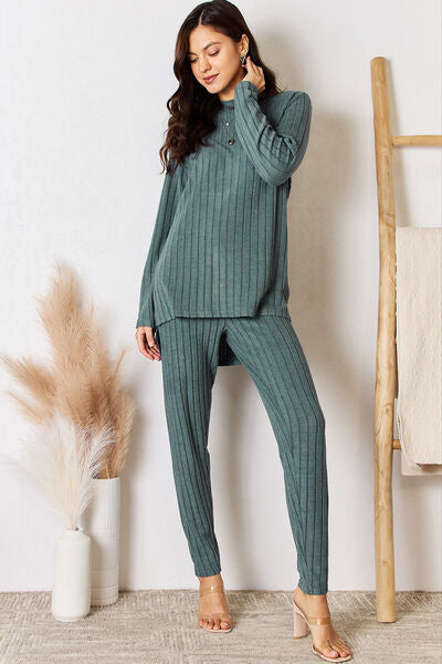 Blue Zone Planet | Basic Bae Full Size Ribbed Round Neck High-Low Slit Top and Pants Set BLUE ZONE PLANET
