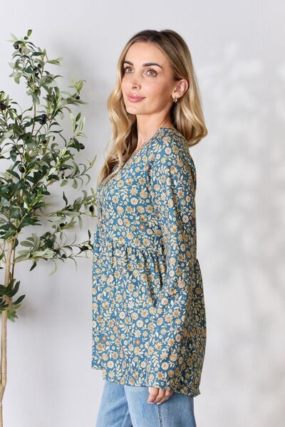Blue Zone Planet | Heimish Full Size Floral Half Button Long Sleeve Blouse BLUE ZONE PLANET