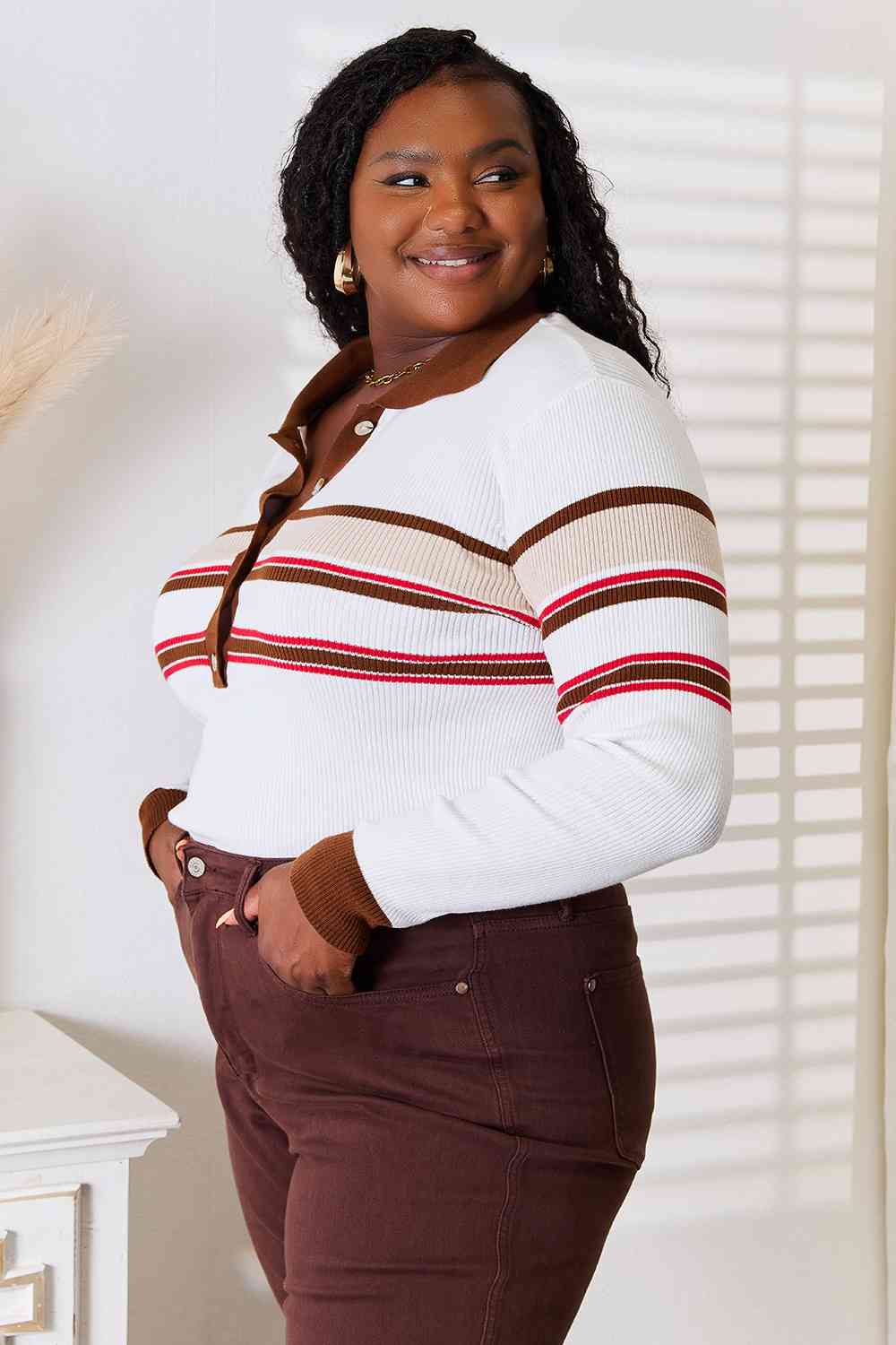 Basic Bae Striped Collared Neck Rib-Knit Top BLUE ZONE PLANET