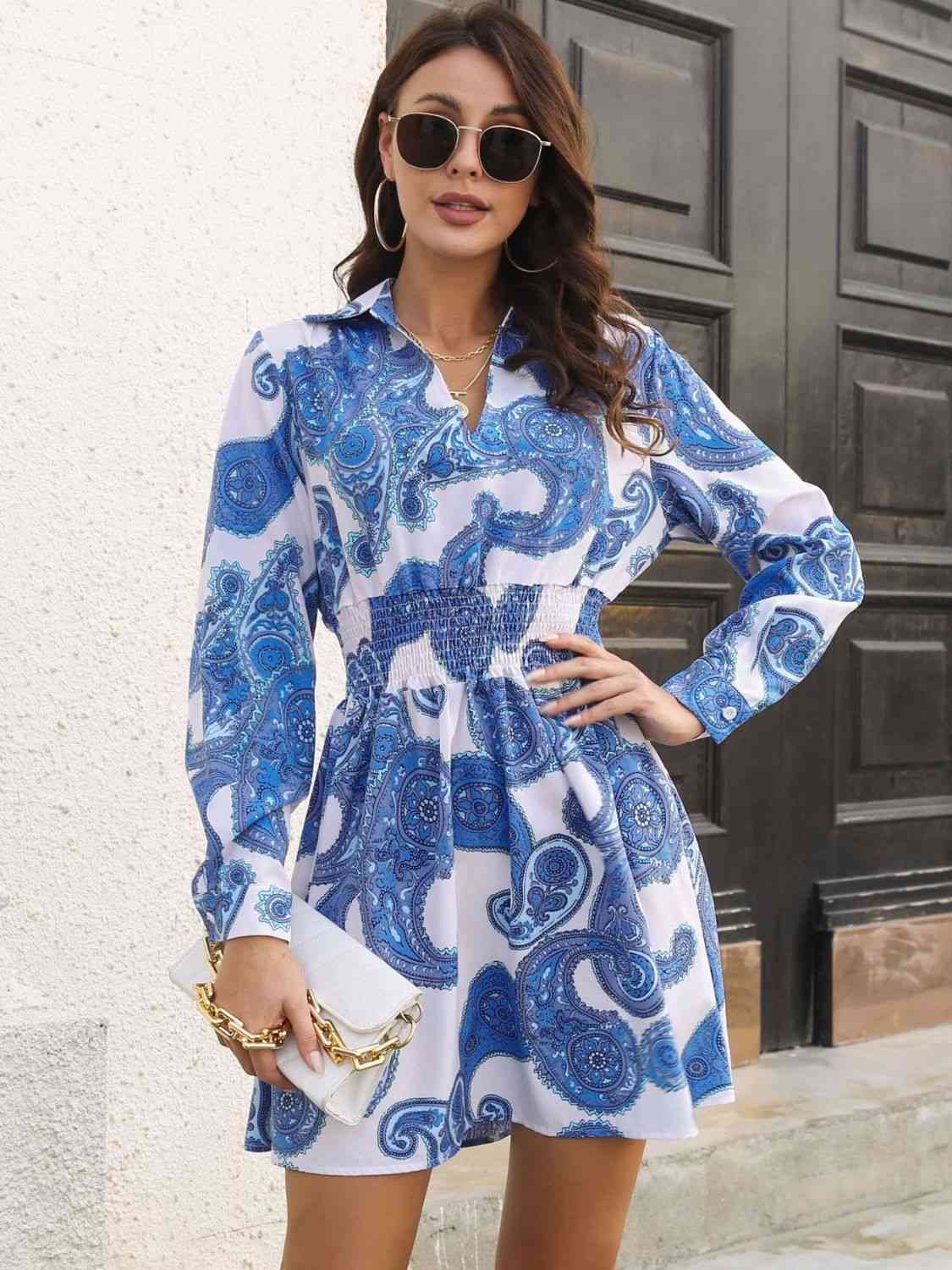 Paisley Print Johnny Collar Smocked Dress BLUE ZONE PLANET