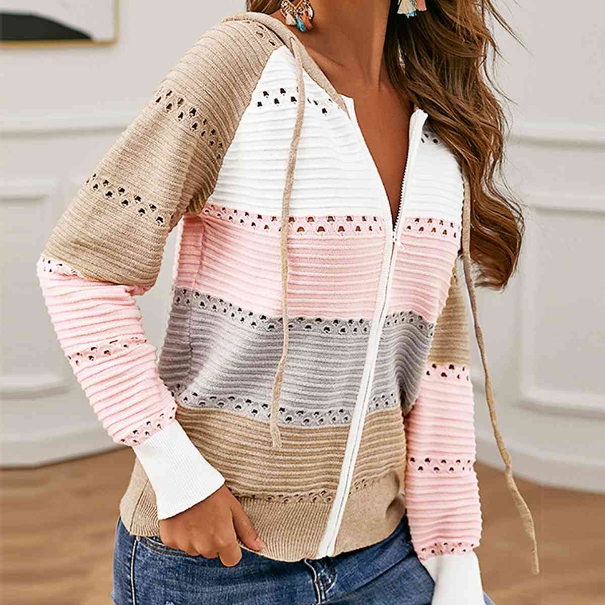 Color Block Drawstring Hooded Sweater BLUE ZONE PLANET