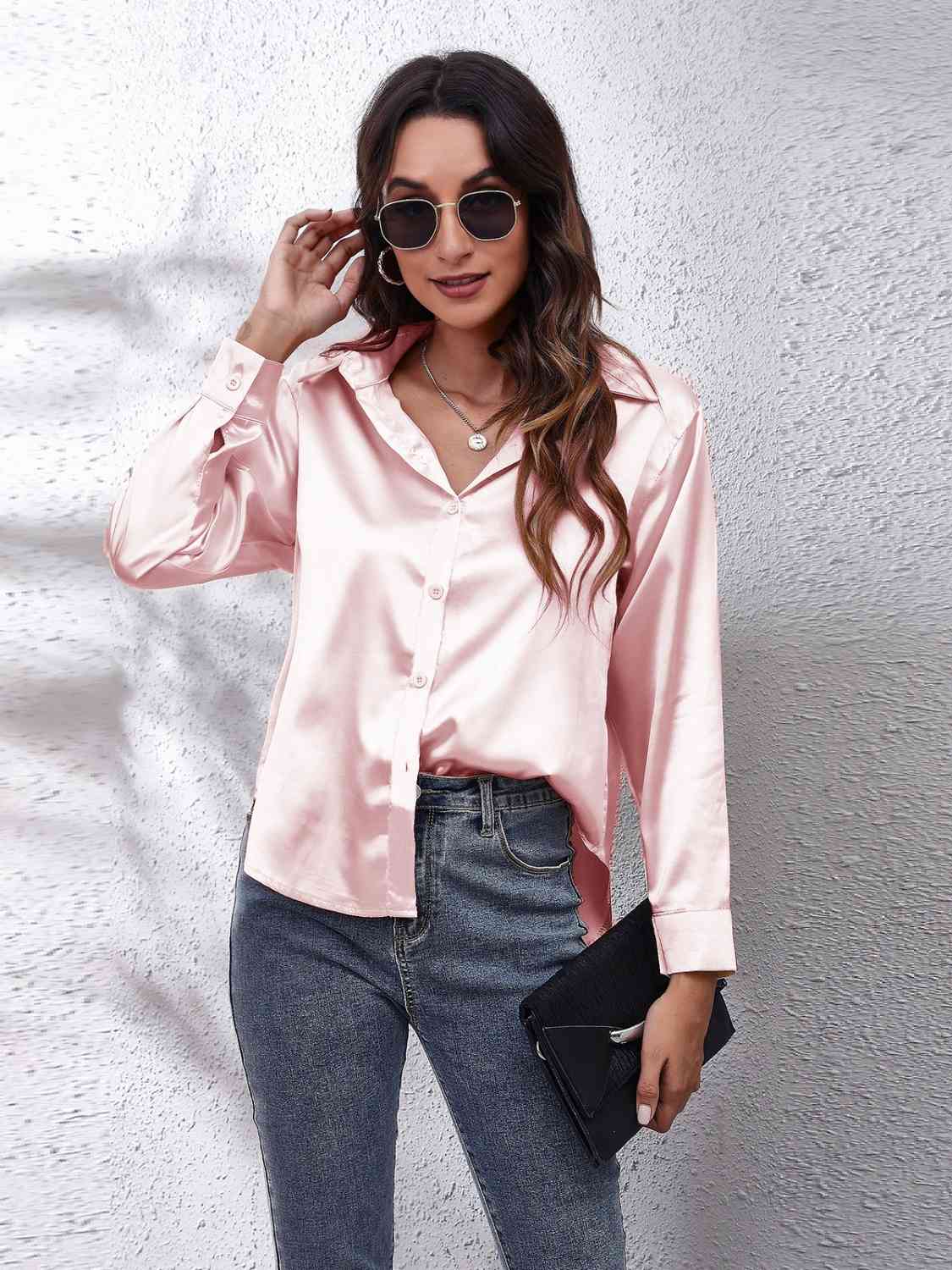 Collared Neck Buttoned Long Sleeve Shirt BLUE ZONE PLANET