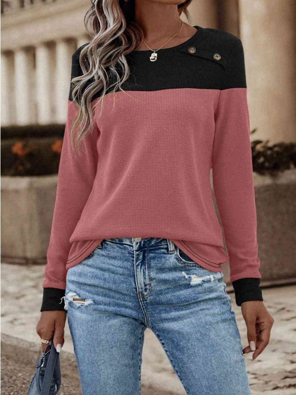 Contrast Buttoned Round Neck Long Sleeve T-Shirt BLUE ZONE PLANET