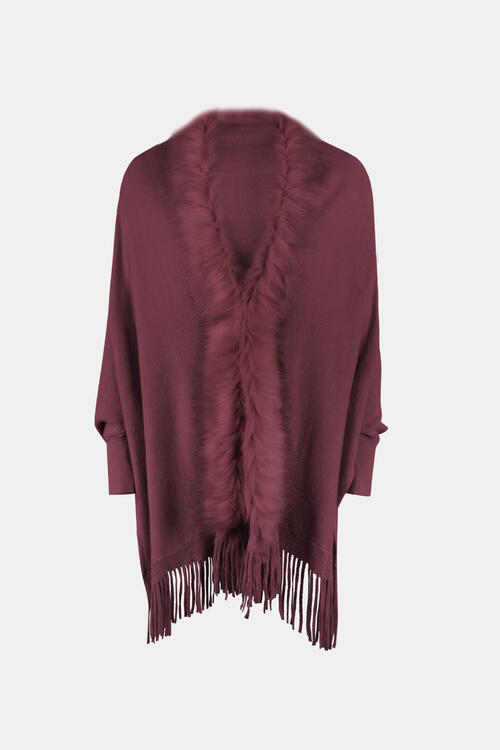 Fringe Open Front Long Sleeve Poncho BLUE ZONE PLANET