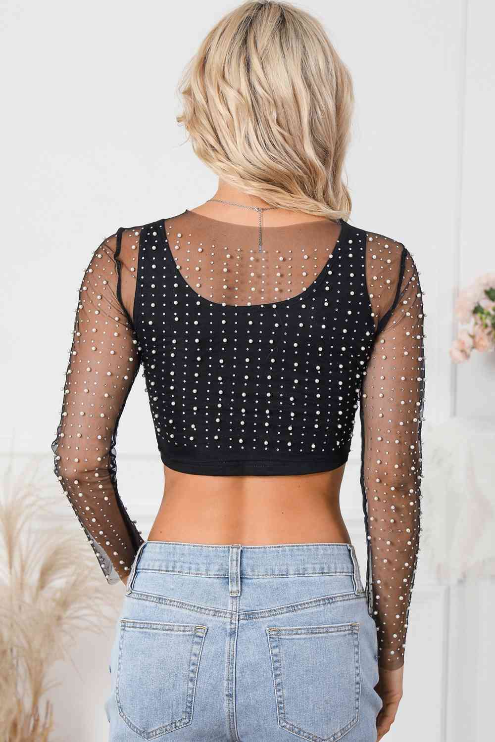 Pearl Long Sleeve Mesh Cropped Top BLUE ZONE PLANET