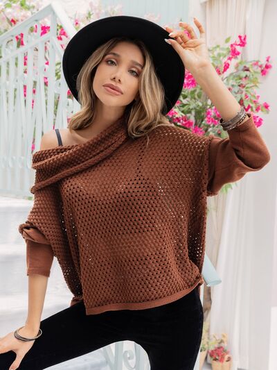 Blue Zone Planet | Openwork Mock Neck Dropped Shoulder Sweater BLUE ZONE PLANET