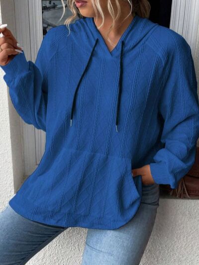 Textured Drawstring Kangaroo Pocket Hoodie Trendsi