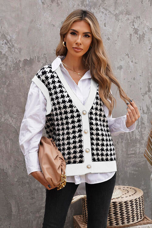 Houndstooth Button Front Sweater Vest BLUE ZONE PLANET