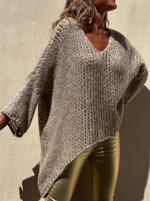 Contrast V-Neck Long Sleeve Sweater BLUE ZONE PLANET