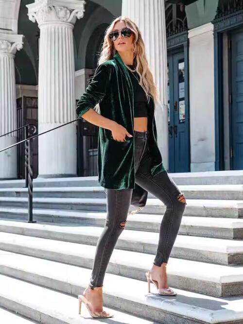 Button Up Long Sleeve Blazer with Pocket BLUE ZONE PLANET