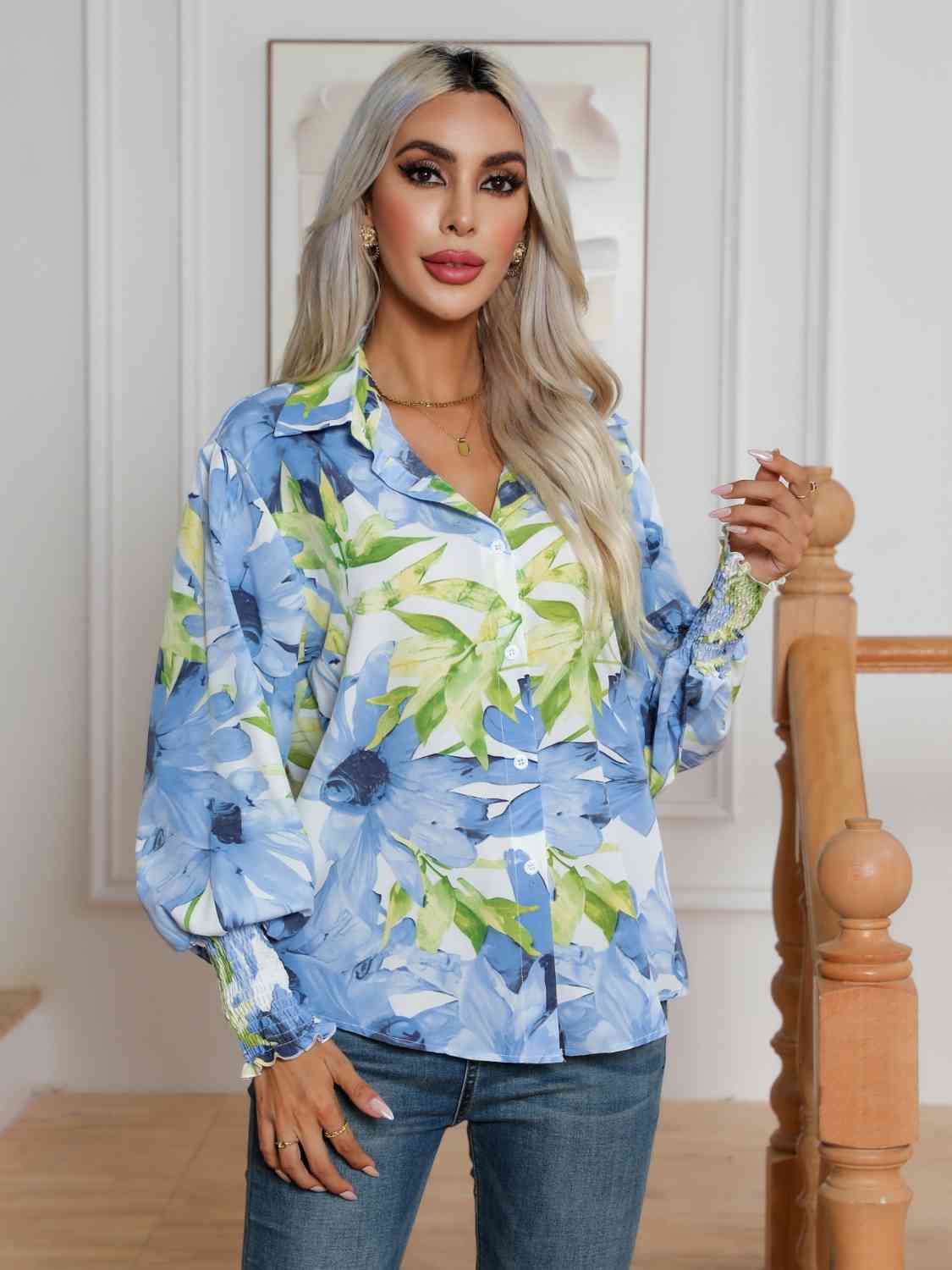 Floral Collared Neck Buttoned Shirt BLUE ZONE PLANET