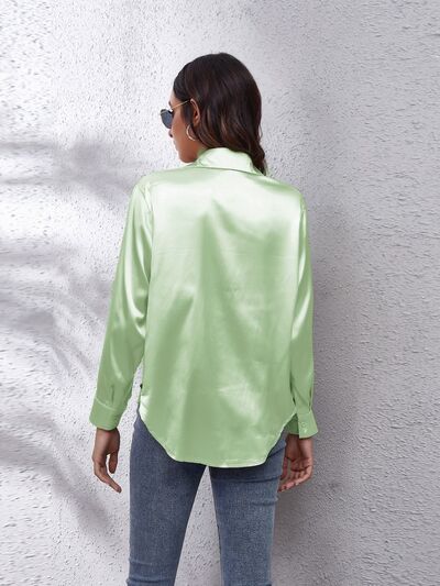 Button Up Collared Neck Long Sleeve Shirt BLUE ZONE PLANET