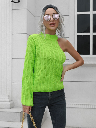 Blue Zone Planet | Cable-Knit Round Neck Asymmetrical Sweater BLUE ZONE PLANET