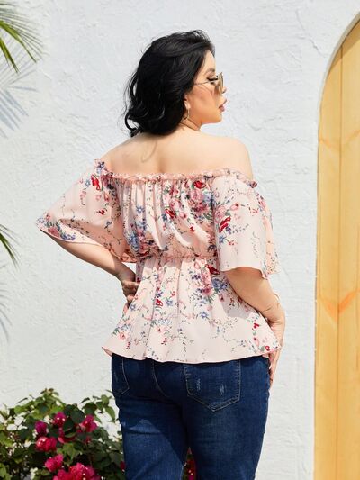 Plus Size Frill Printed Flutter Sleeve Blouse BLUE ZONE PLANET