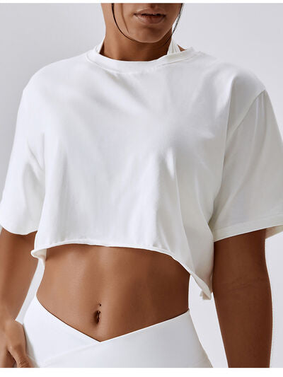 Cropped Round Neck Short Sleeve Active Top Trendsi