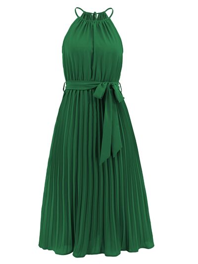 Blue Zone Planet | Pleated Spaghetti Strap Tie Waist Midi Dress BLUE ZONE PLANET