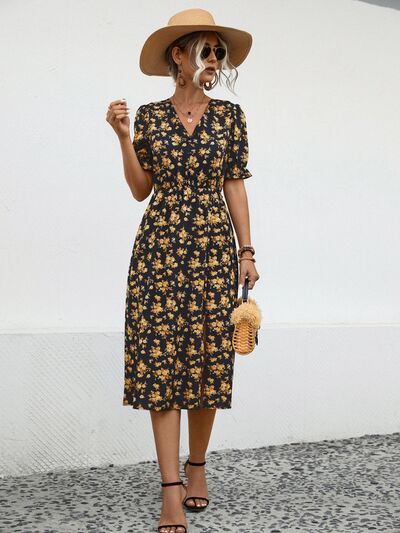 Blue Zone Planet |  Slit Printed V-Neck Short Sleeve Dress BLUE ZONE PLANET