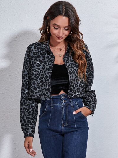 Blue Zone Planet |  Leopard Button Up Collared Neck Cropped Jacket BLUE ZONE PLANET