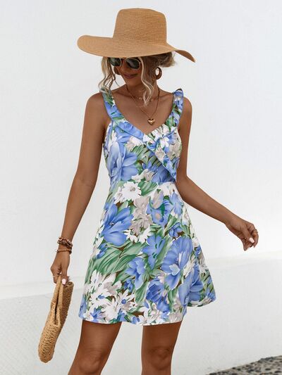 Blue Zone Planet | Printed Ruffled Surplice Wide Strap Mini Dress BLUE ZONE PLANET