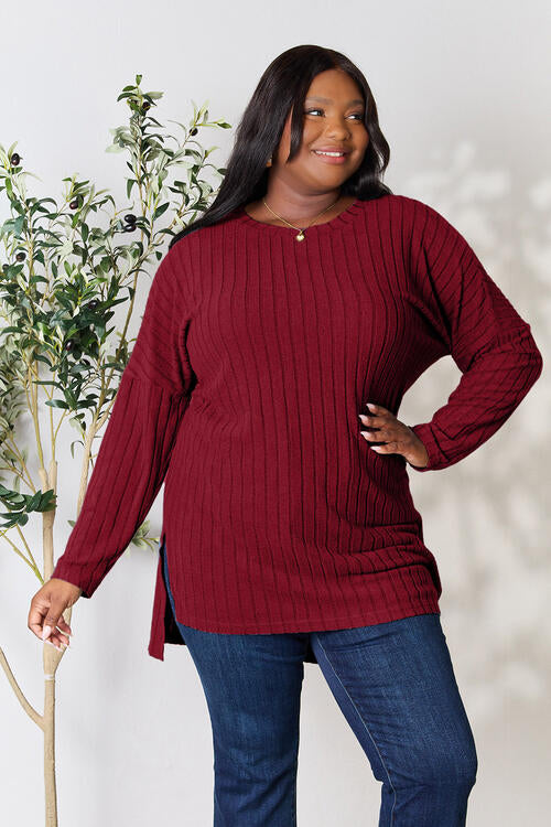 Basic Bae Full Size Ribbed Round Neck Long Sleeve Slit Top BLUE ZONE PLANET