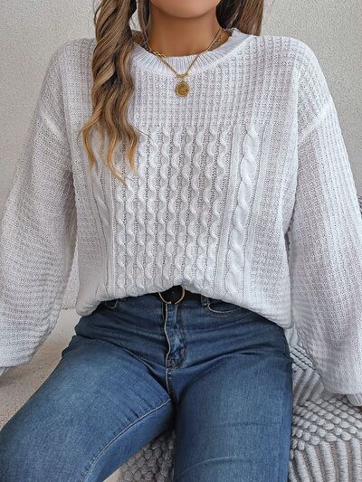 Blue Zone Planet | Cable-Knit Round Neck Long Sleeve Sweater BLUE ZONE PLANET