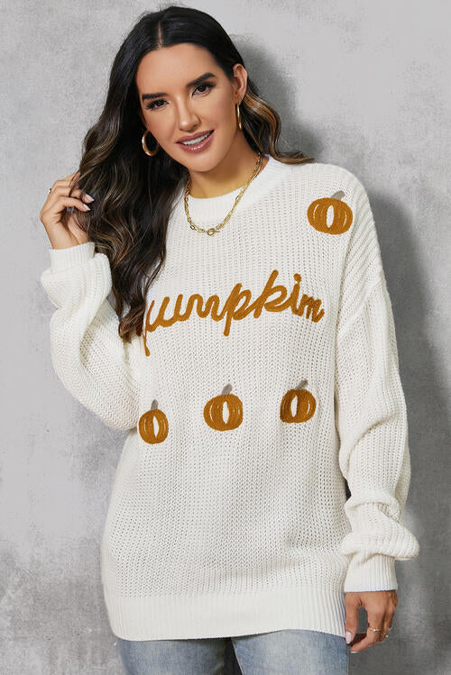 Pumpkin Embroidery Long Sleeve Sweater BLUE ZONE PLANET
