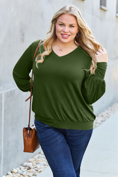 Blue Zone Planet | Basic Bae Full Size V-Neck Lantern Sleeve Blouse BLUE ZONE PLANET