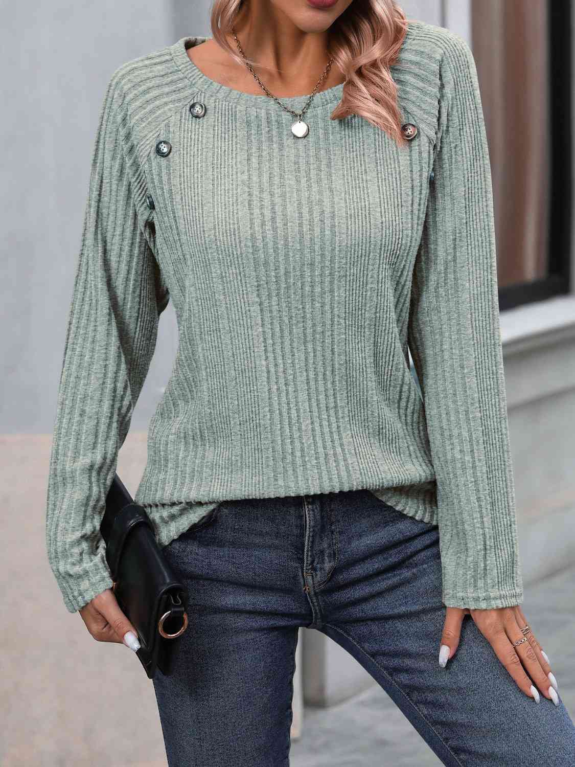 Ribbed Buttoned Round Neck Long Sleeve T-Shirt BLUE ZONE PLANET