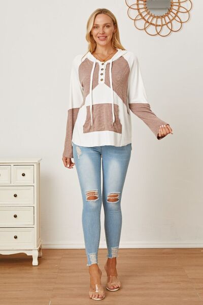 Color Block Drawstring Half Button Hoodie Trendsi