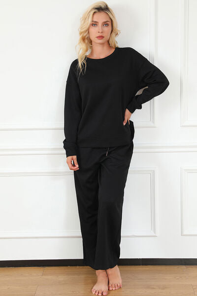 Double Take Full Size Textured Long Sleeve Top and Drawstring Pants Set BLUE ZONE PLANET