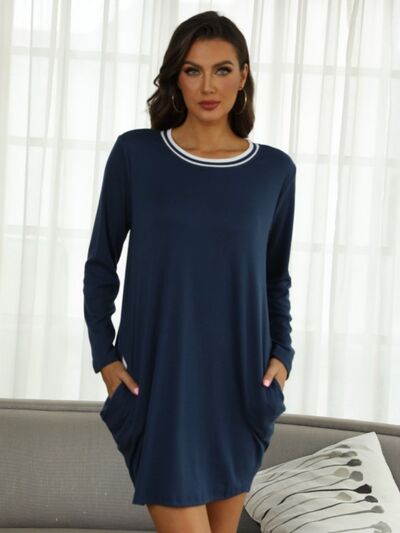Blue Zone Planet |  Contrast Round Neck Long Sleeve Lounge Dress BLUE ZONE PLANET
