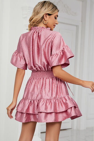 Smocked Tie Neck Flounce Sleeve Dress BLUE ZONE PLANET