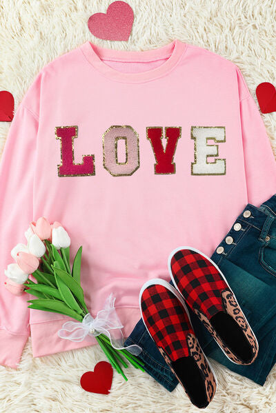 Blue Zone Planet | LOVE Patch Round Neck Dropped Shoulder Sweatshirt BLUE ZONE PLANET