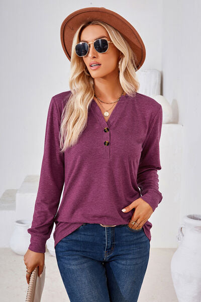 Notched Button Detail Long Sleeve T-Shirt Trendsi