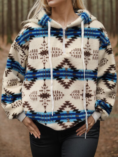 Blue Zone Planet | Geometric Half Zip Drawstring Long Sleeve Hoodie BLUE ZONE PLANET