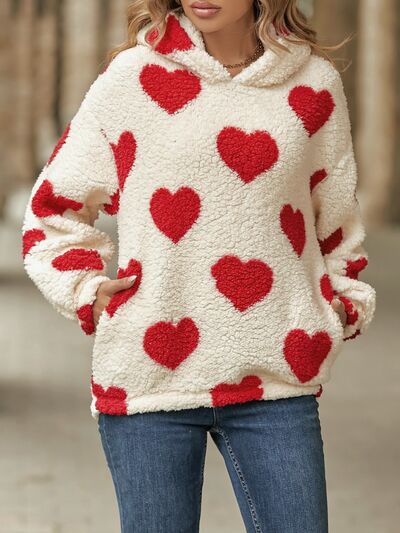 Blue Zone Planet | Fuzzy Heart Pocketed Dropped Shoulder Hoodie BLUE ZONE PLANET