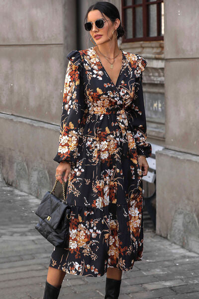 Floral Surplice Tie Front Ruffle Hem Midi Dress BLUE ZONE PLANET